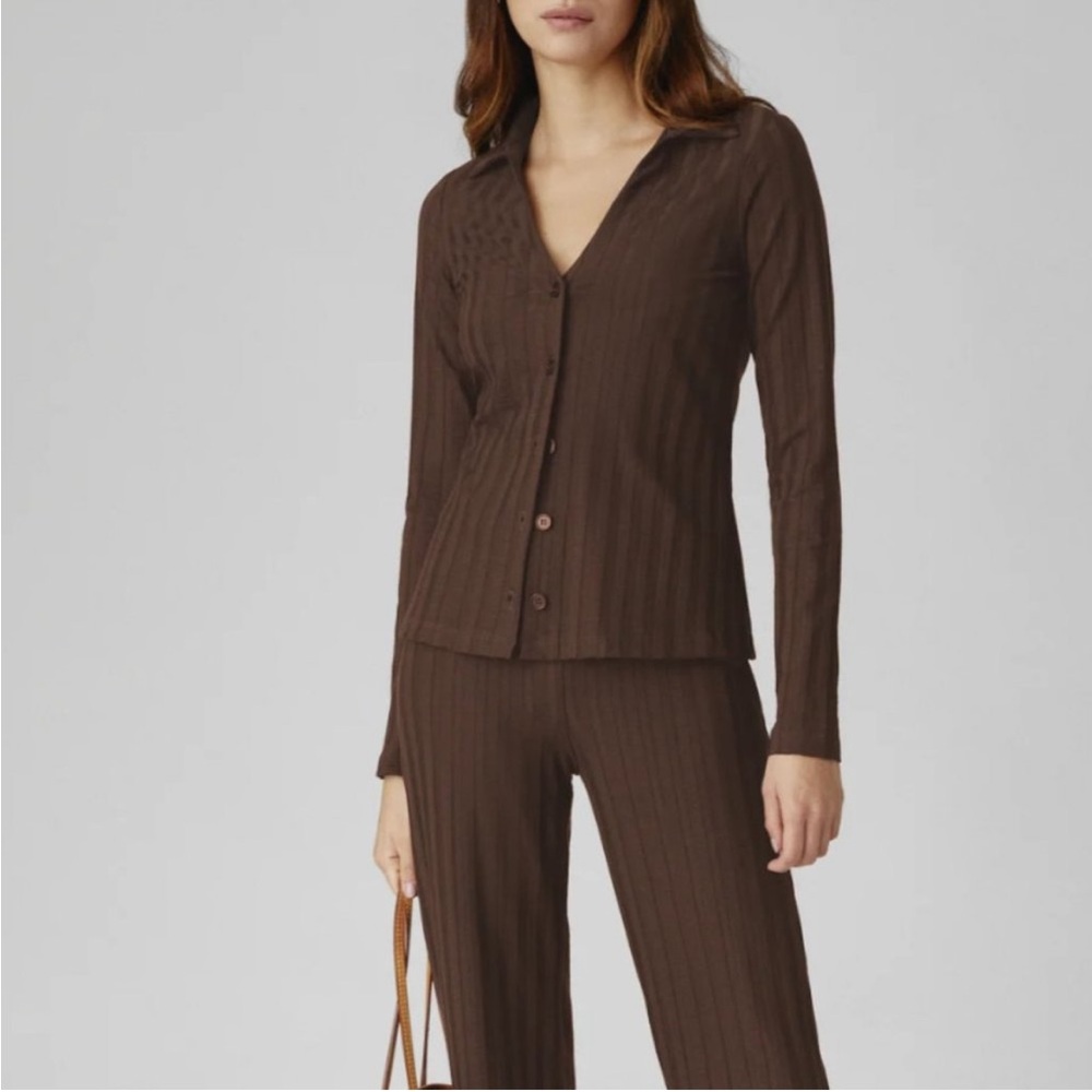 Reformation Brown Ribbed Long Sleeve Top and pants, full set
